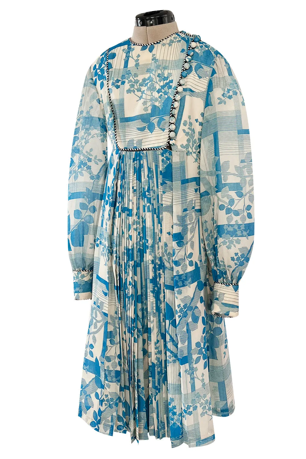 Prettiest 1960s Jean Varon Blue Floral Print Dress w Elaborate Pleating Detail