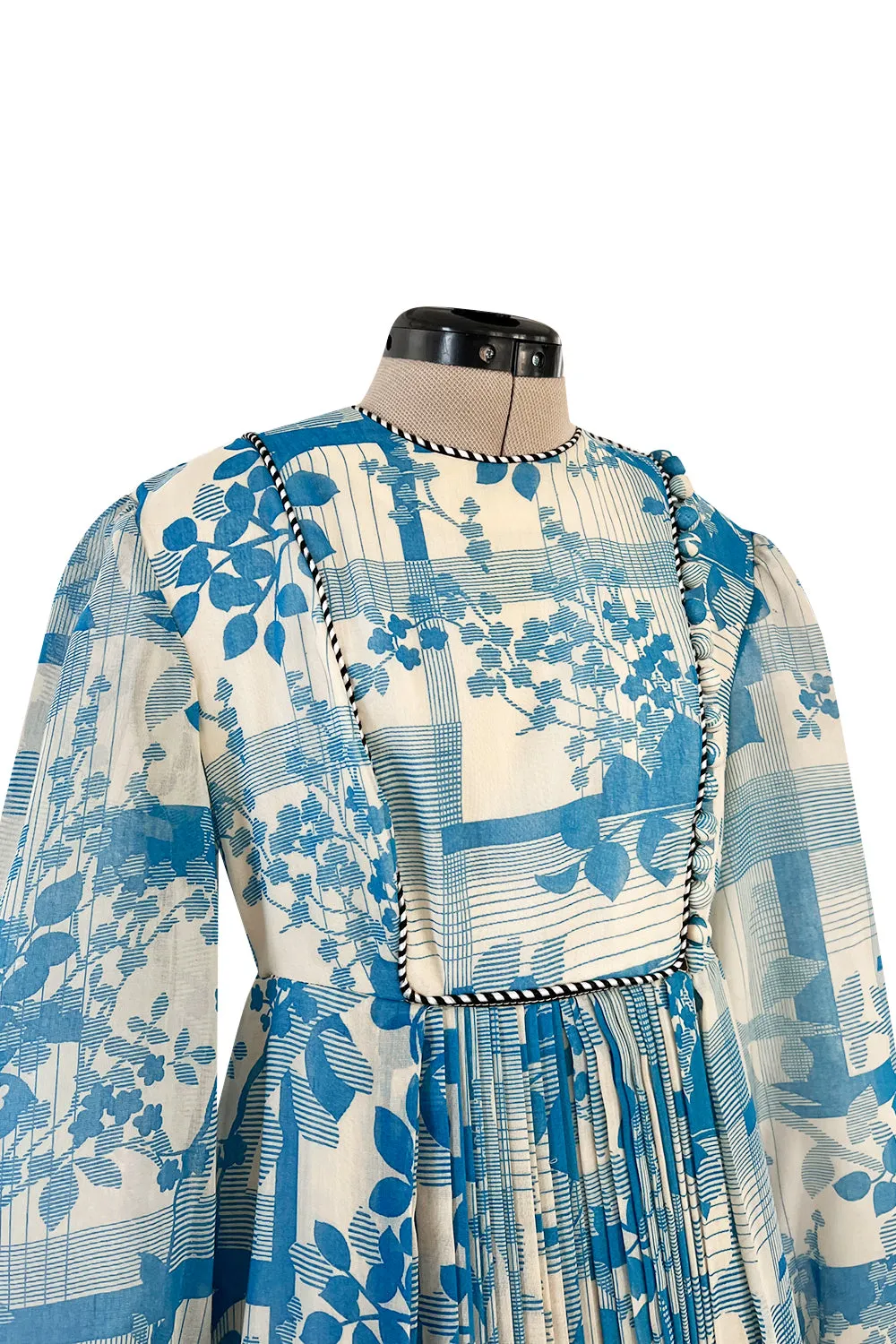 Prettiest 1960s Jean Varon Blue Floral Print Dress w Elaborate Pleating Detail