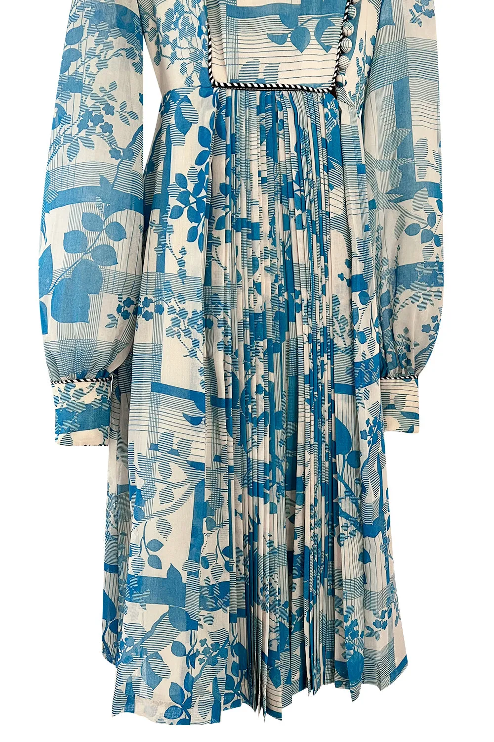 Prettiest 1960s Jean Varon Blue Floral Print Dress w Elaborate Pleating Detail