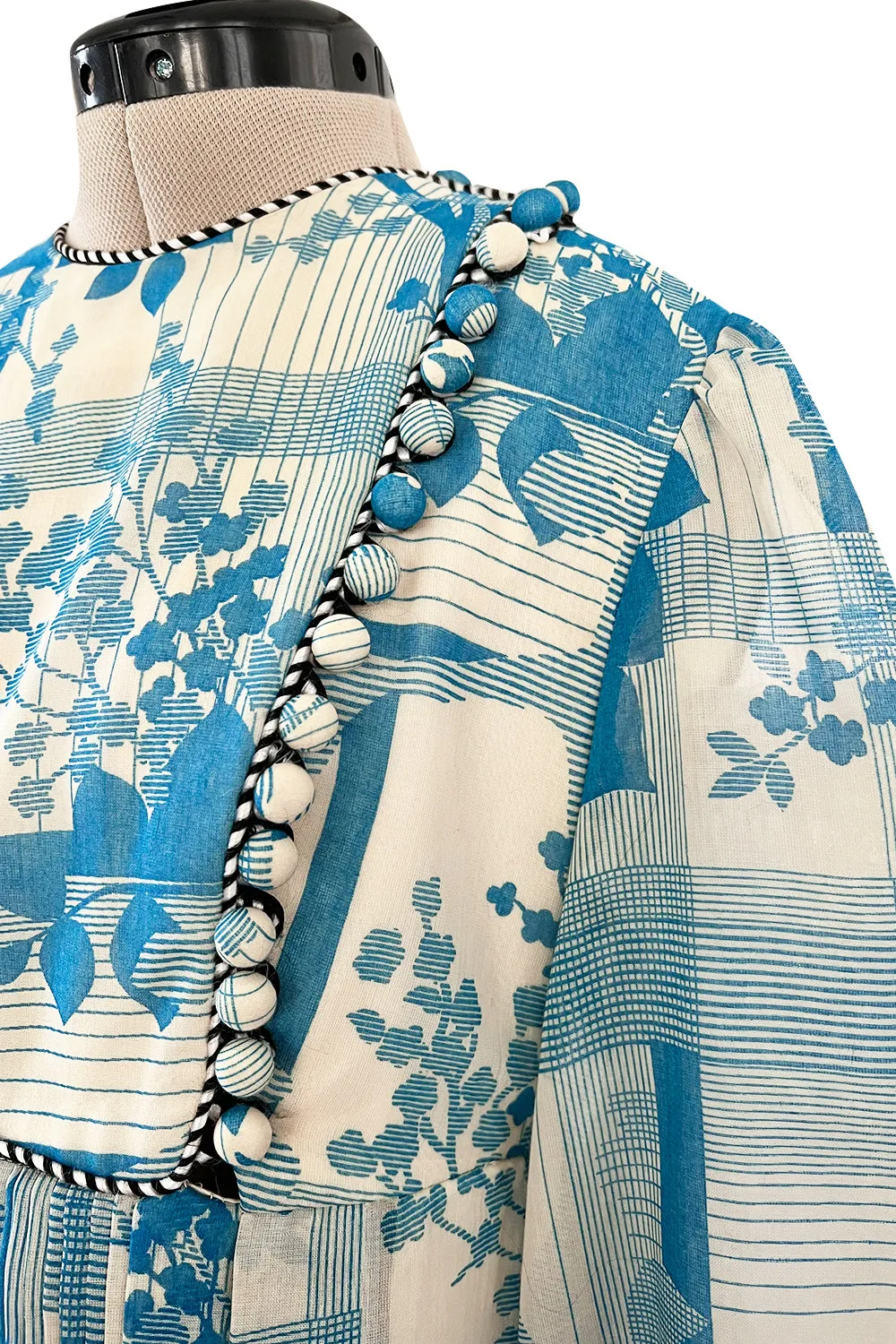 Prettiest 1960s Jean Varon Blue Floral Print Dress w Elaborate Pleating Detail