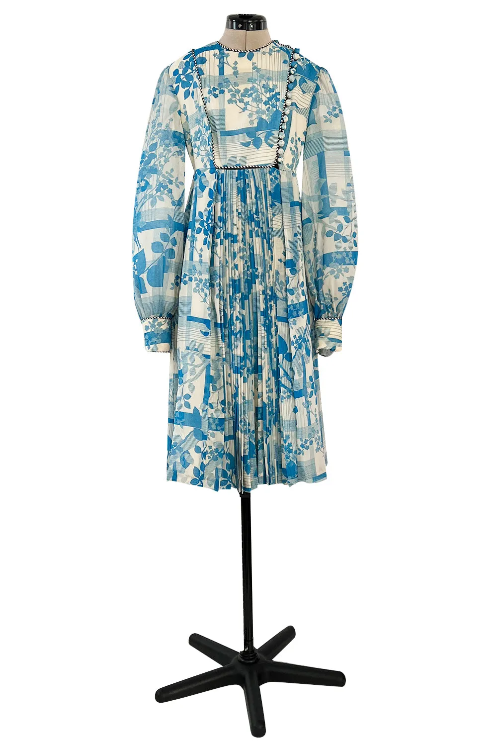 Prettiest 1960s Jean Varon Blue Floral Print Dress w Elaborate Pleating Detail