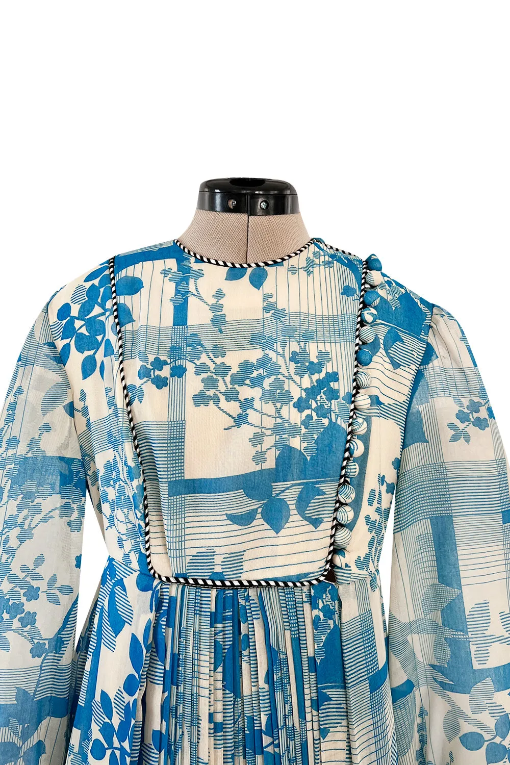 Prettiest 1960s Jean Varon Blue Floral Print Dress w Elaborate Pleating Detail