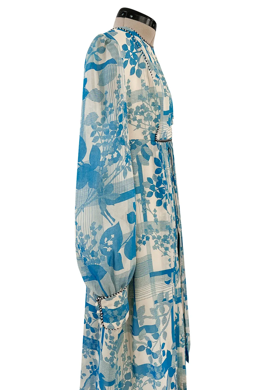 Prettiest 1960s Jean Varon Blue Floral Print Dress w Elaborate Pleating Detail