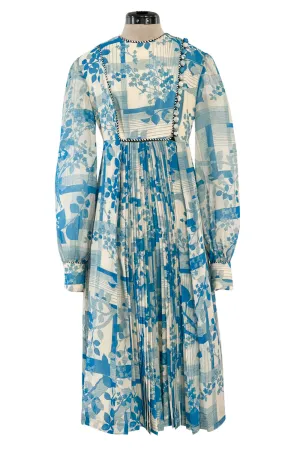 Prettiest 1960s Jean Varon Blue Floral Print Dress w Elaborate Pleating Detail