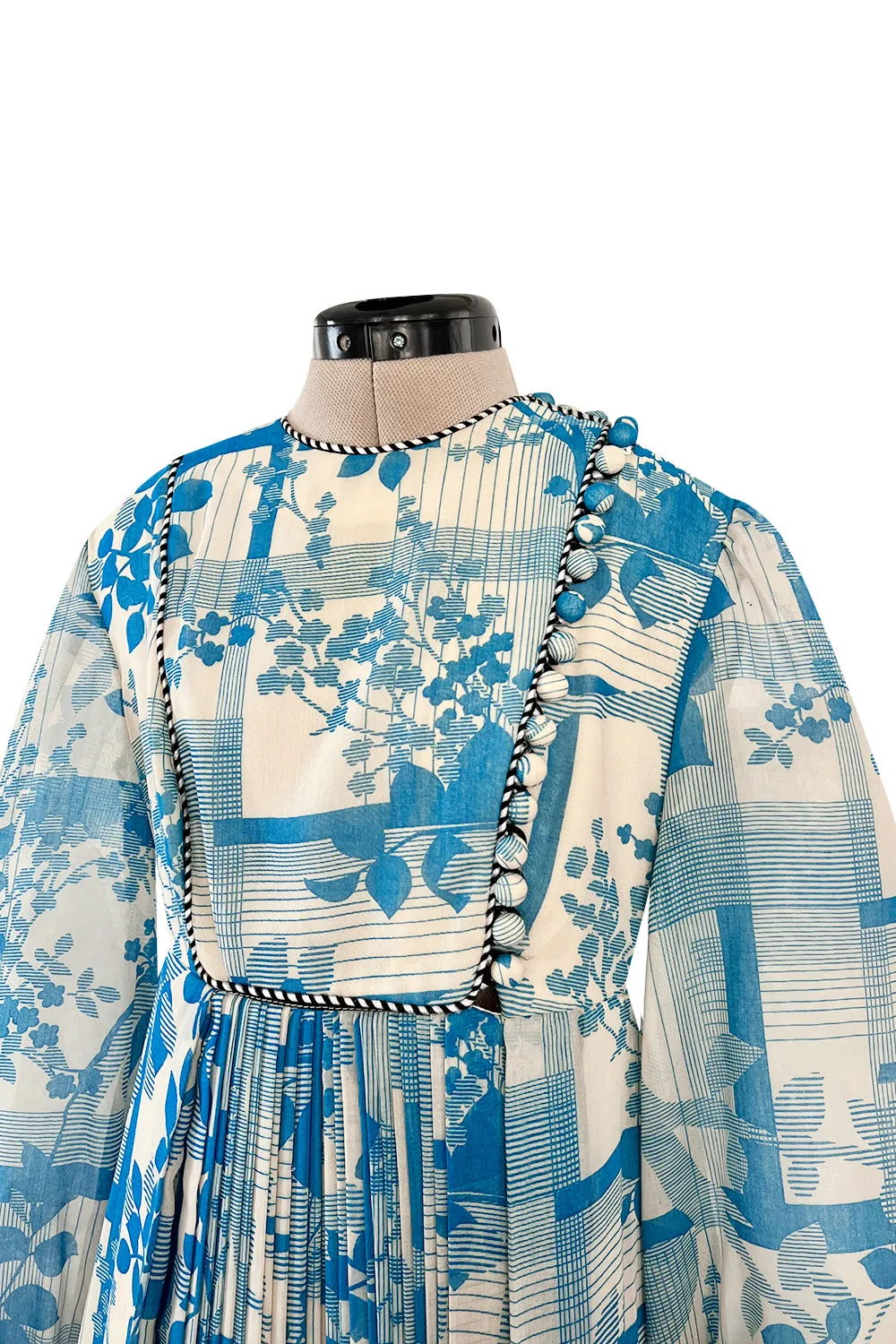 Prettiest 1960s Jean Varon Blue Floral Print Dress w Elaborate Pleating Detail