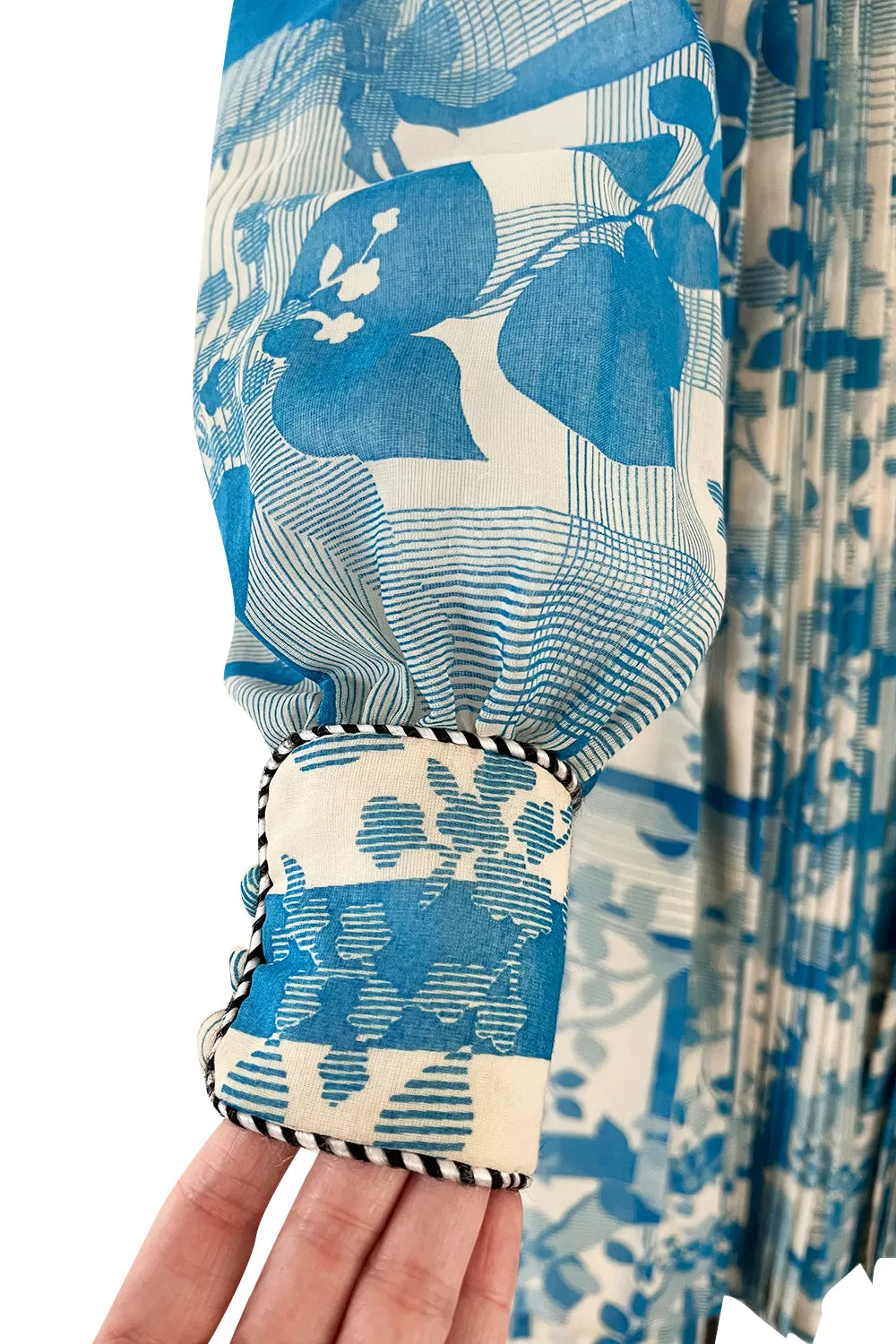 Prettiest 1960s Jean Varon Blue Floral Print Dress w Elaborate Pleating Detail