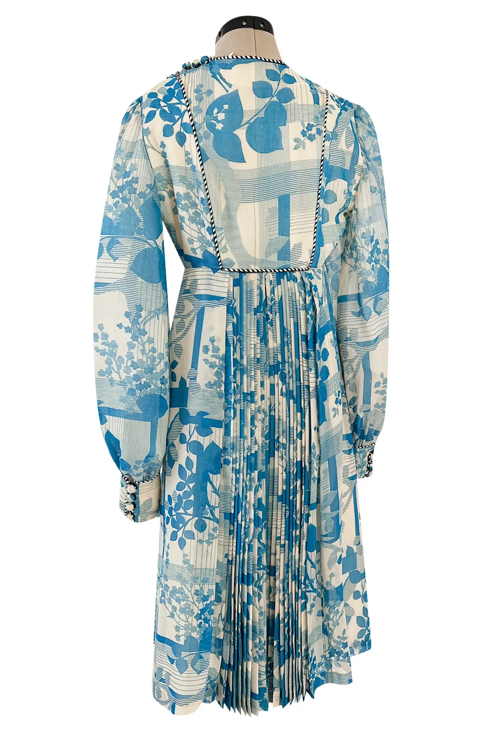 Prettiest 1960s Jean Varon Blue Floral Print Dress w Elaborate Pleating Detail
