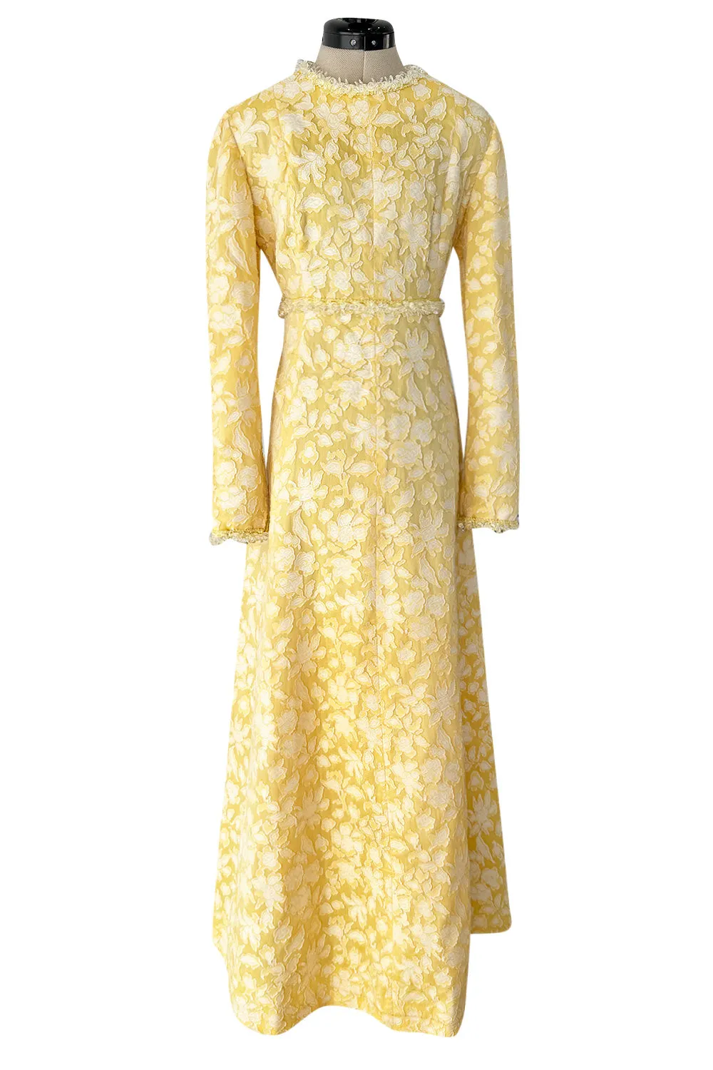 Prettiest 1960s Yves Saint Laurent Stoffler Fabrics Yellow Brocade Dress w Clear Beads