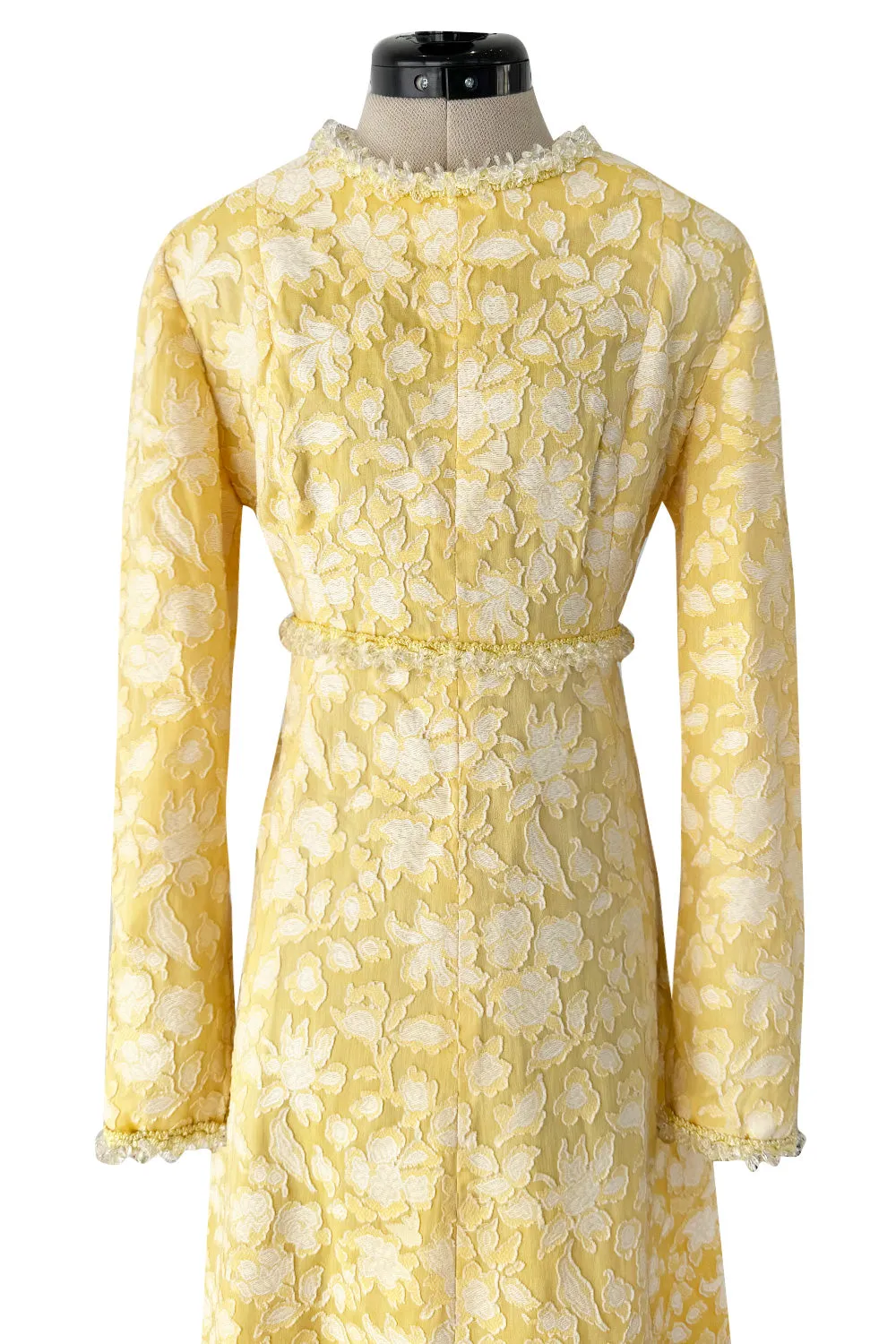 Prettiest 1960s Yves Saint Laurent Stoffler Fabrics Yellow Brocade Dress w Clear Beads