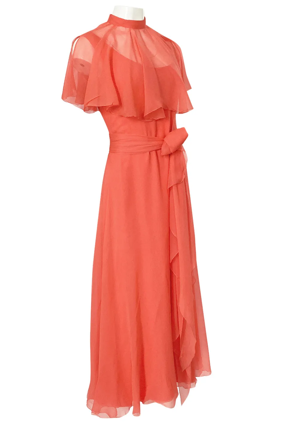 Prettiest 1970s George Stavropoulos Coral Silk Chiffon Dress Capelet & Sash
