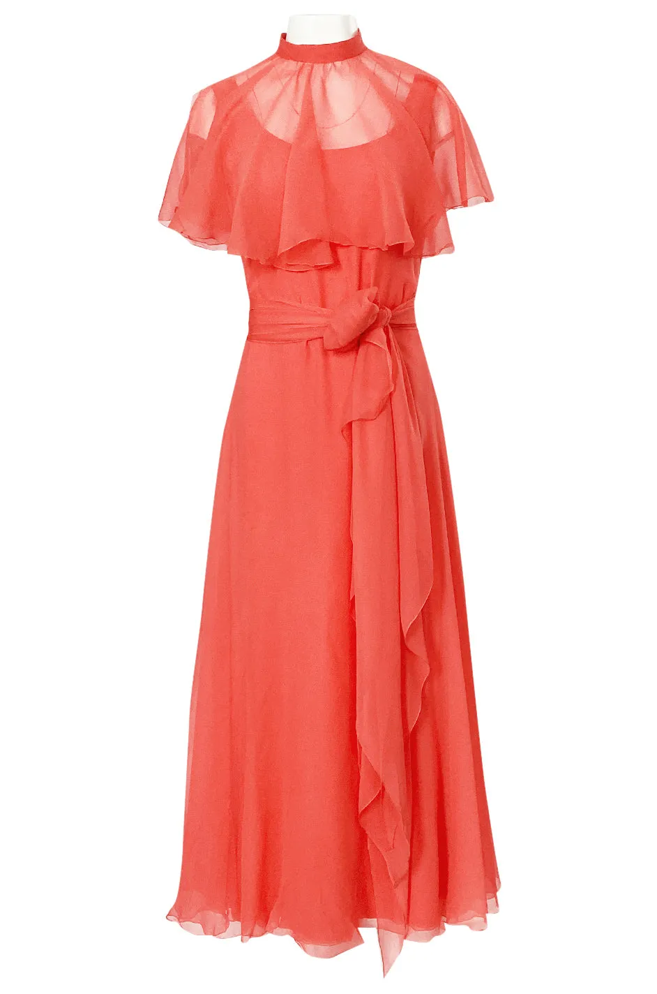 Prettiest 1970s George Stavropoulos Coral Silk Chiffon Dress Capelet & Sash