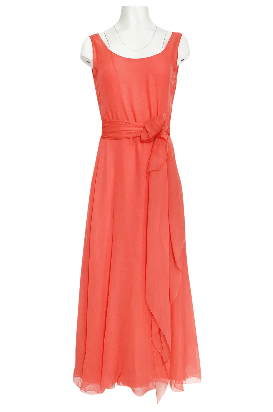 Prettiest 1970s George Stavropoulos Coral Silk Chiffon Dress Capelet & Sash