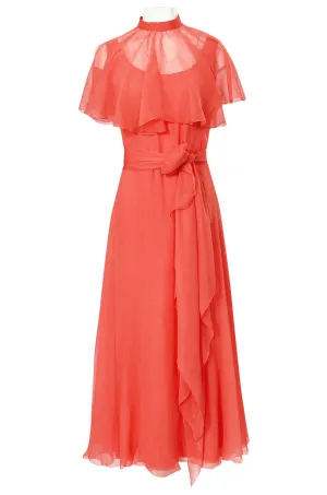 Prettiest 1970s George Stavropoulos Coral Silk Chiffon Dress Capelet & Sash
