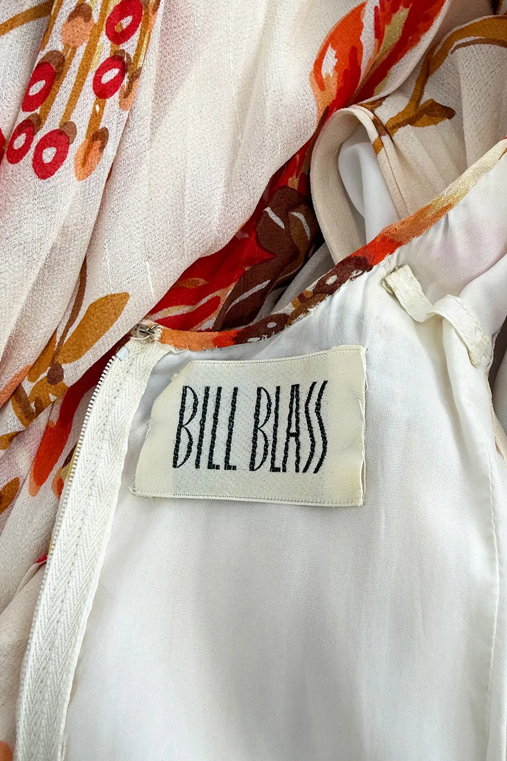 Prettiest 1980s Bill Blass Pleated Silk Chiffon Dress w Coral Flower & Fern Print