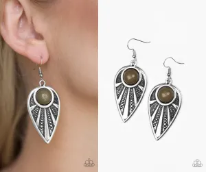" Take A Walkabout " Silver Metal & Green Stone Dangle Earrings
