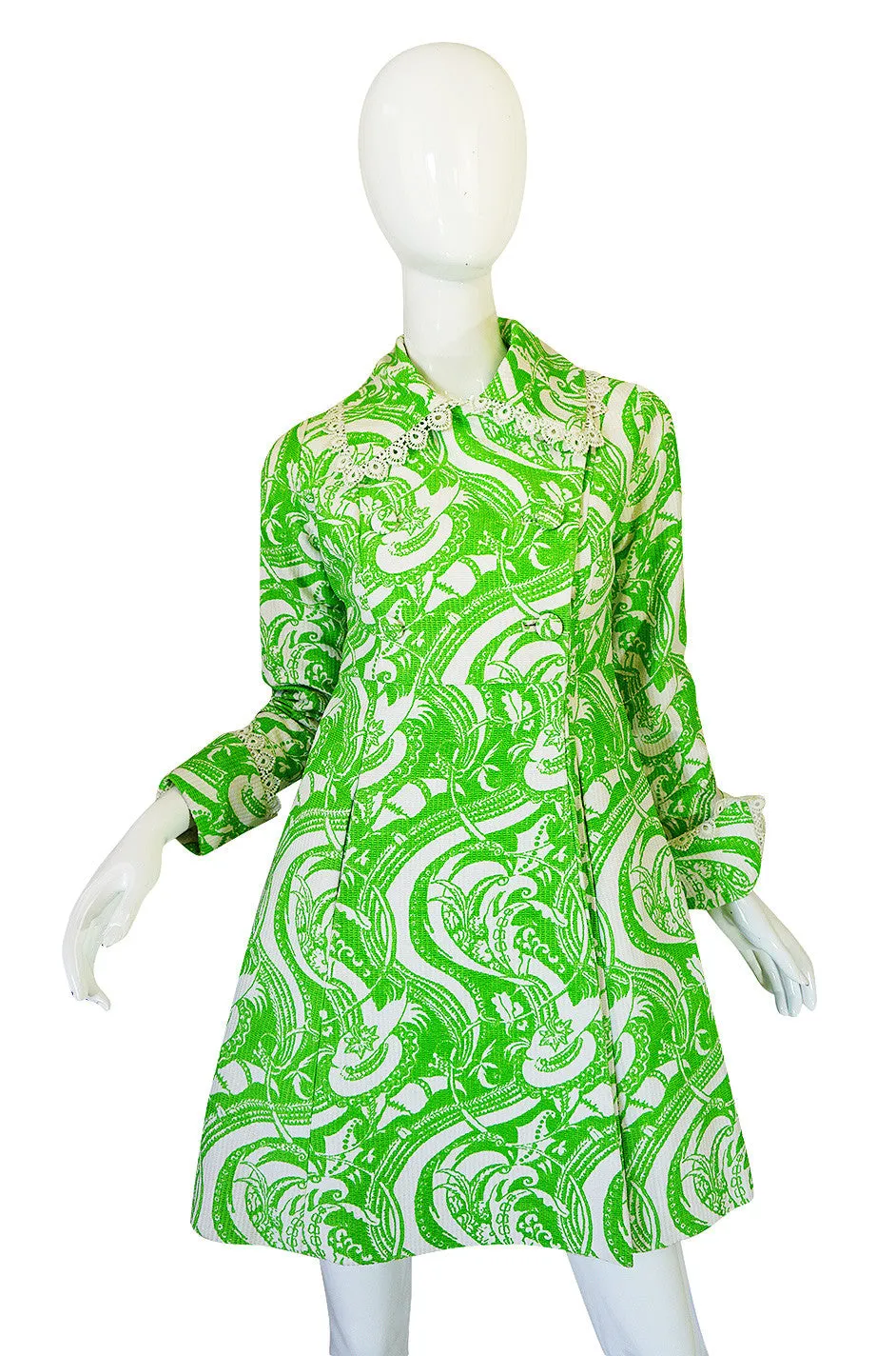 Rare 1960s Annacat Green & White Print Coat or Dress