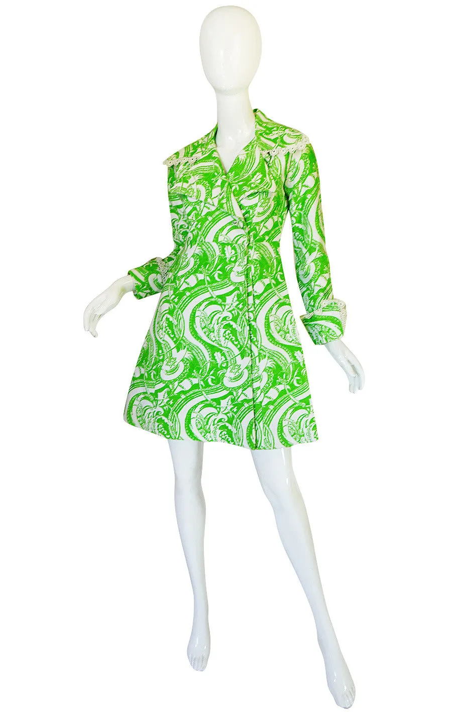 Rare 1960s Annacat Green & White Print Coat or Dress