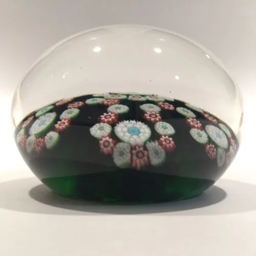 Rare Antique Baccarat Art Glass Paperweight Millefiori Garland on Green Ground