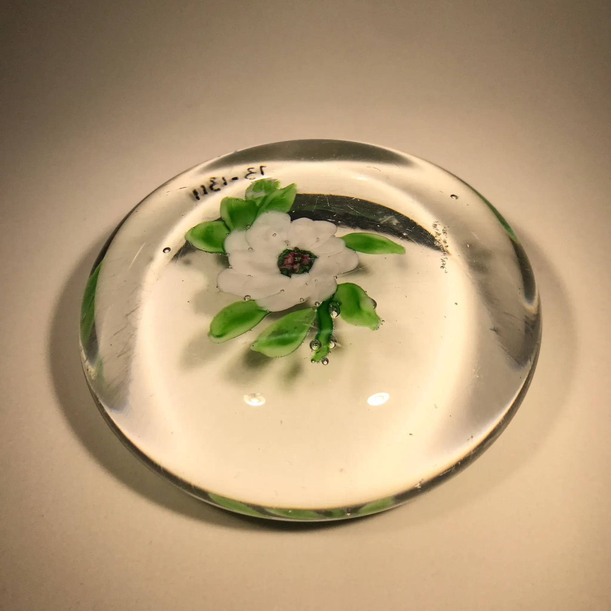 Rare Antique Clichy Art Glass Paperweight Lampwork White Camelia