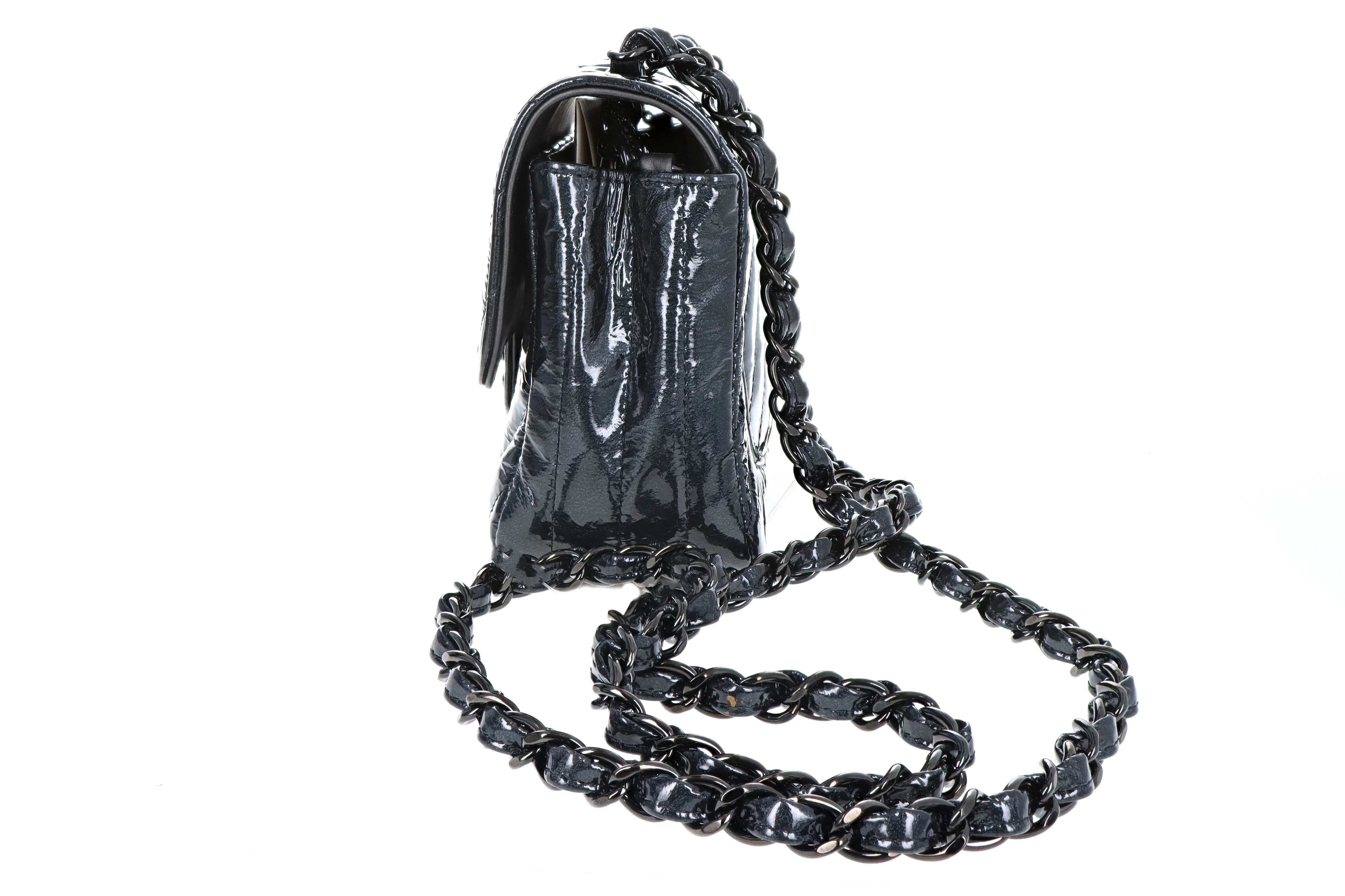 Rare Chanel Crumpled Patent Chevron Classic Flap Mini Rectangular So Black Crossbody