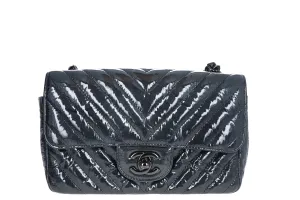 Rare Chanel Crumpled Patent Chevron Classic Flap Mini Rectangular So Black Crossbody