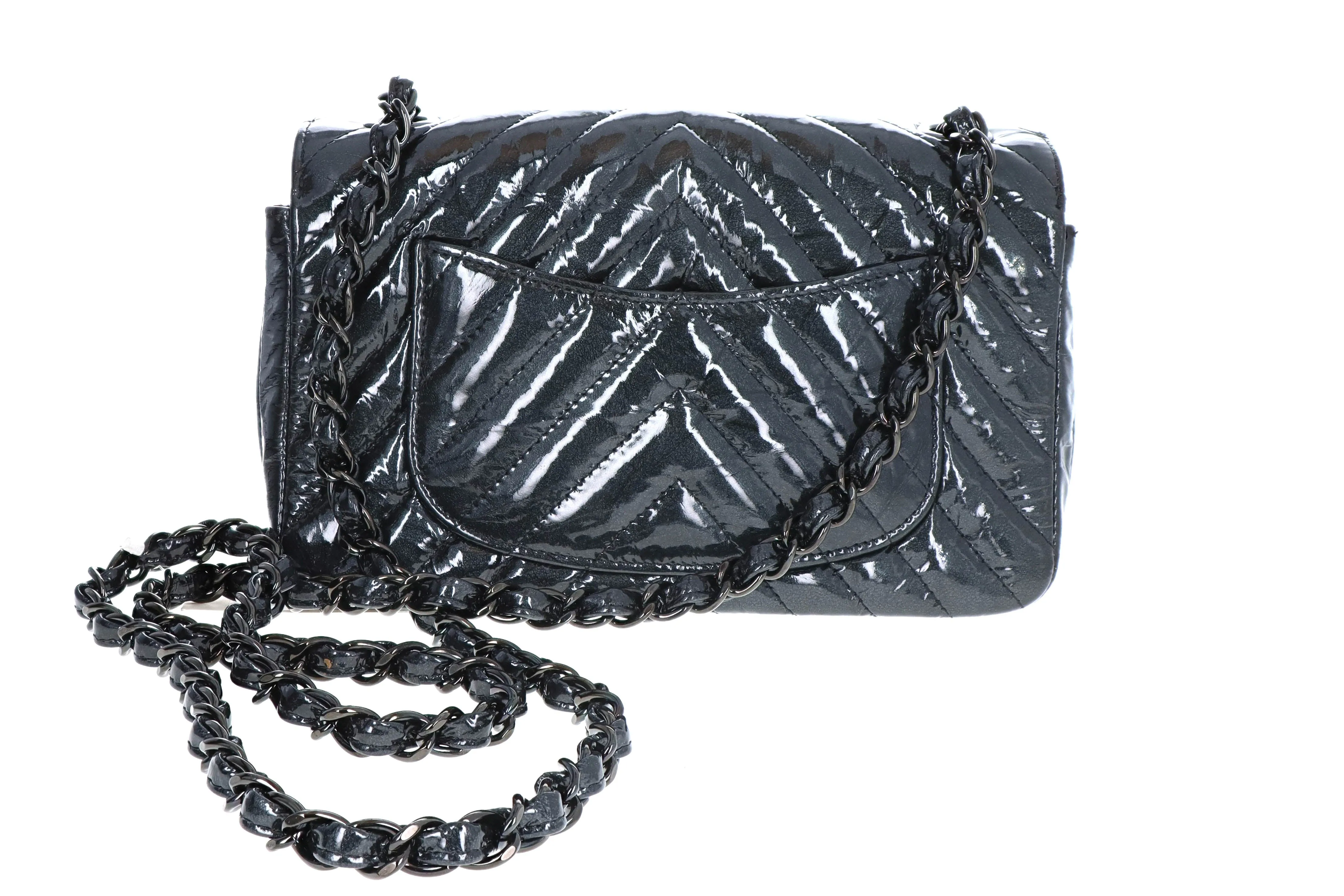 Rare Chanel Crumpled Patent Chevron Classic Flap Mini Rectangular So Black Crossbody