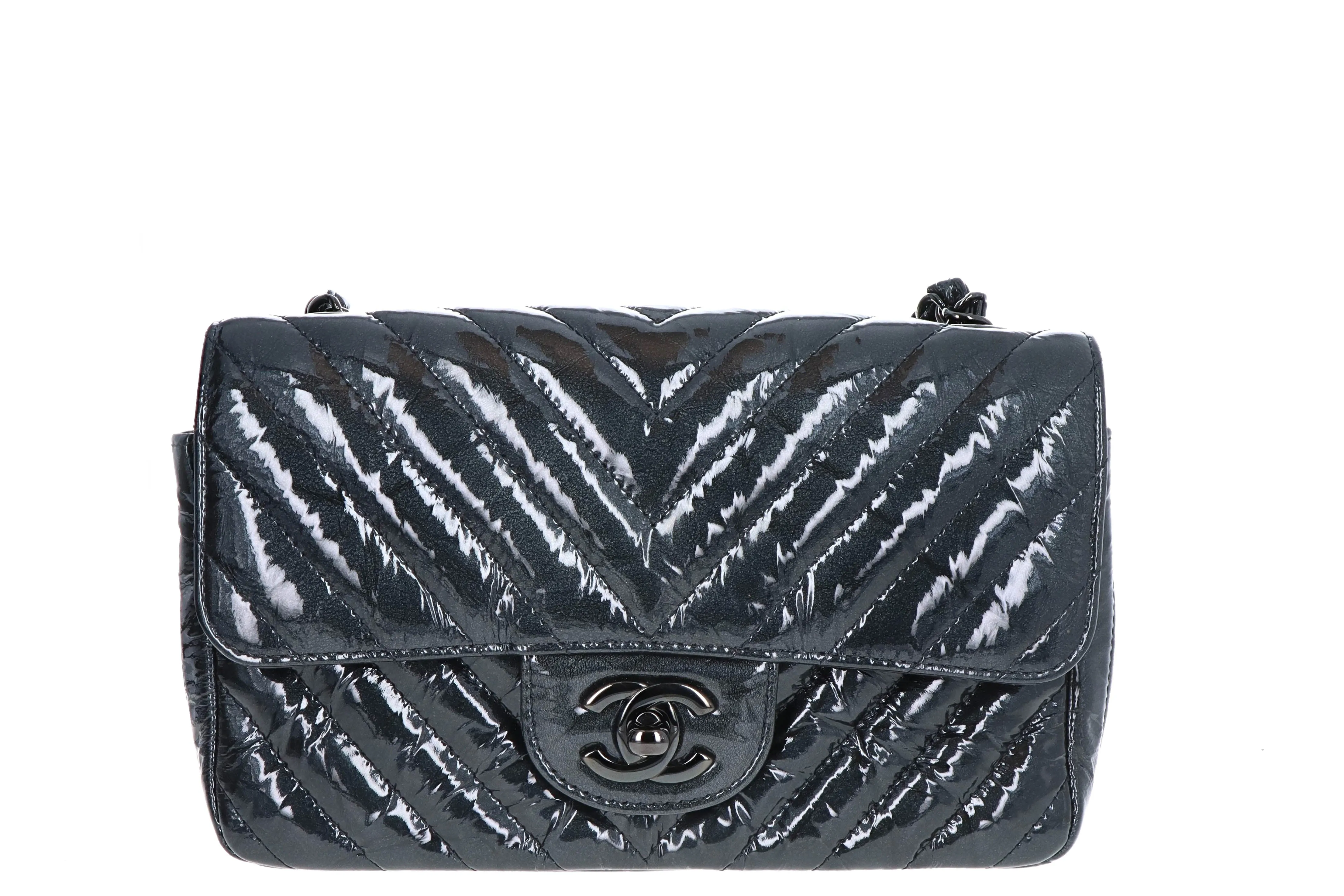 Rare Chanel Crumpled Patent Chevron Classic Flap Mini Rectangular So Black Crossbody