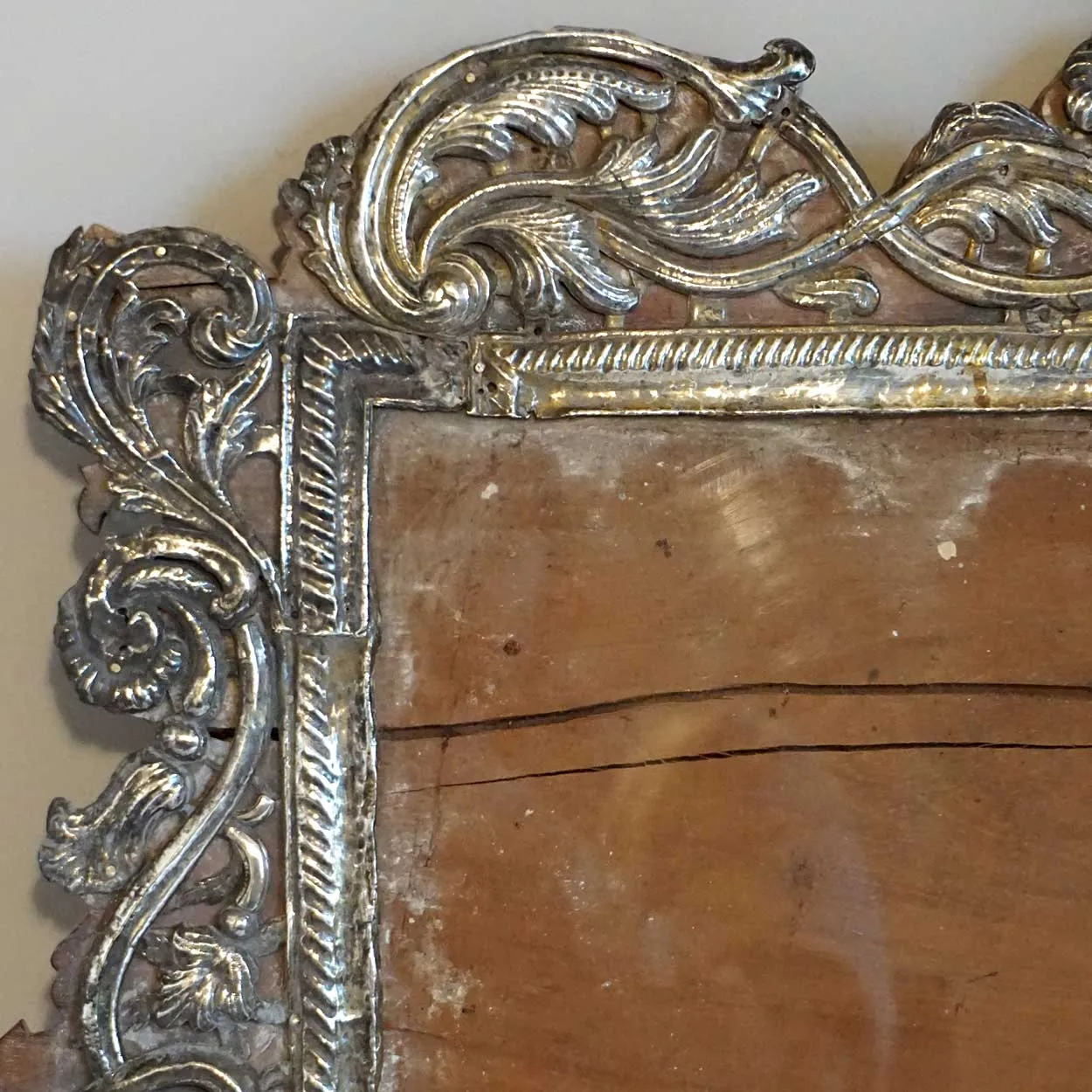 Rare Indo-Portuguese Baroque Silver Repousse Mounted Teak Frame