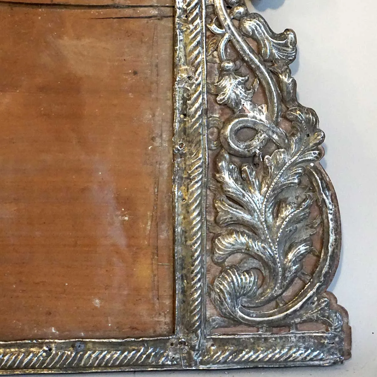 Rare Indo-Portuguese Baroque Silver Repousse Mounted Teak Frame