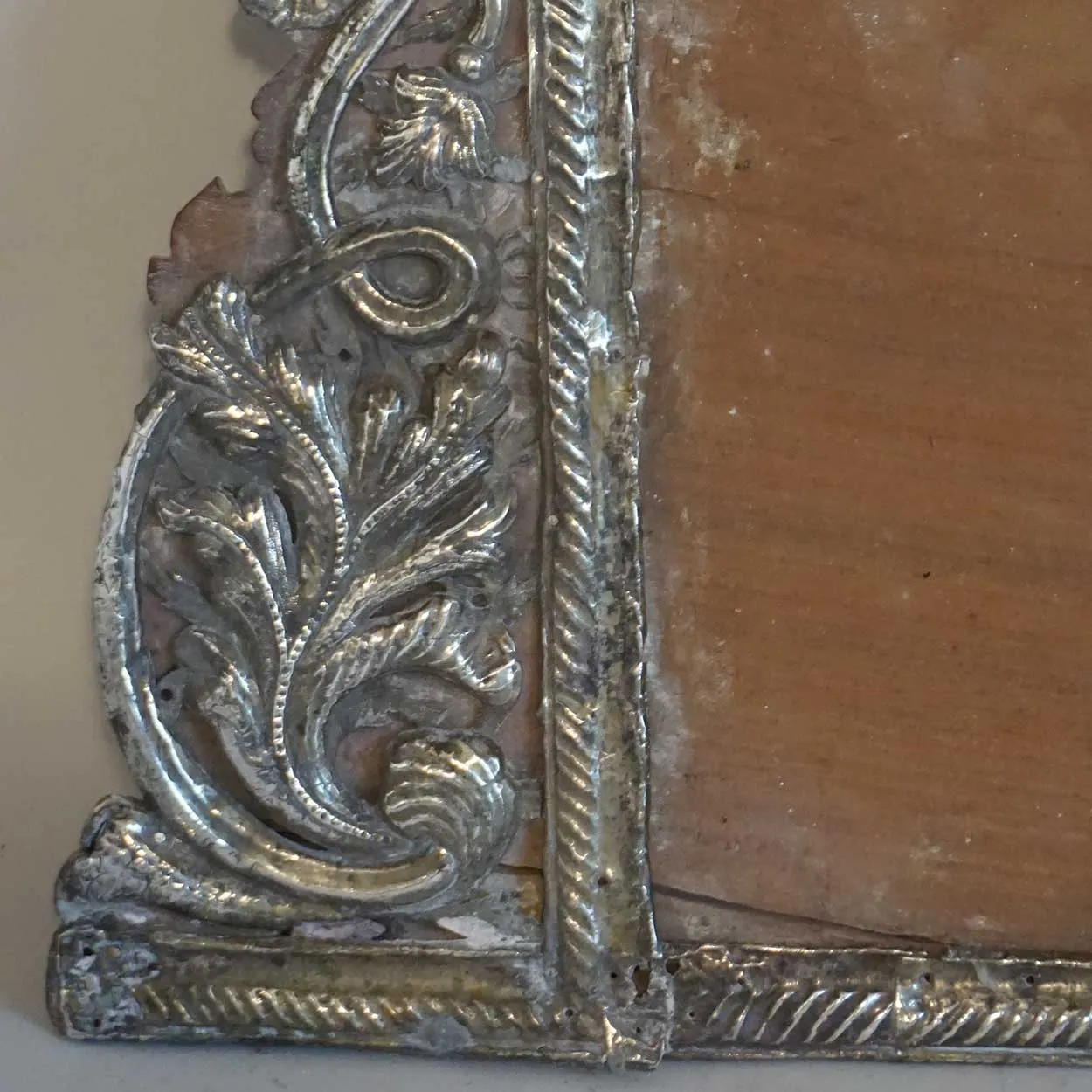 Rare Indo-Portuguese Baroque Silver Repousse Mounted Teak Frame