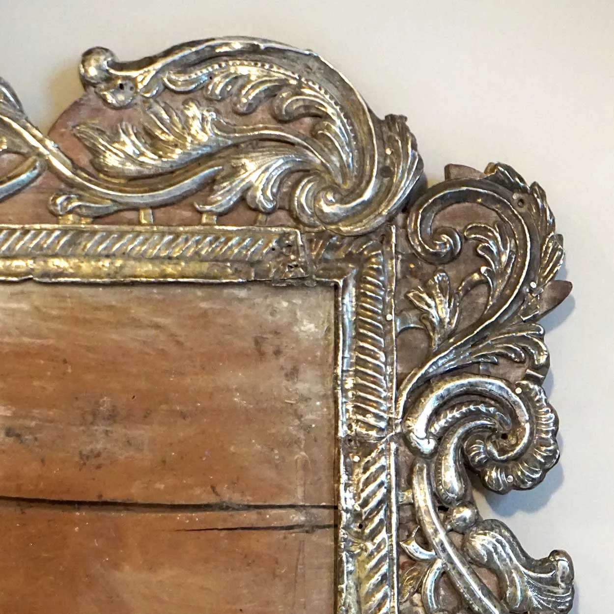 Rare Indo-Portuguese Baroque Silver Repousse Mounted Teak Frame