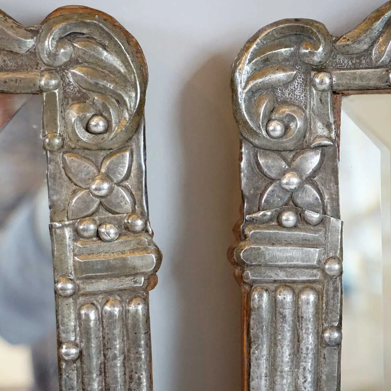 Rare Pair of Indo-Portuguese Silver Framed Beveled Mirrors