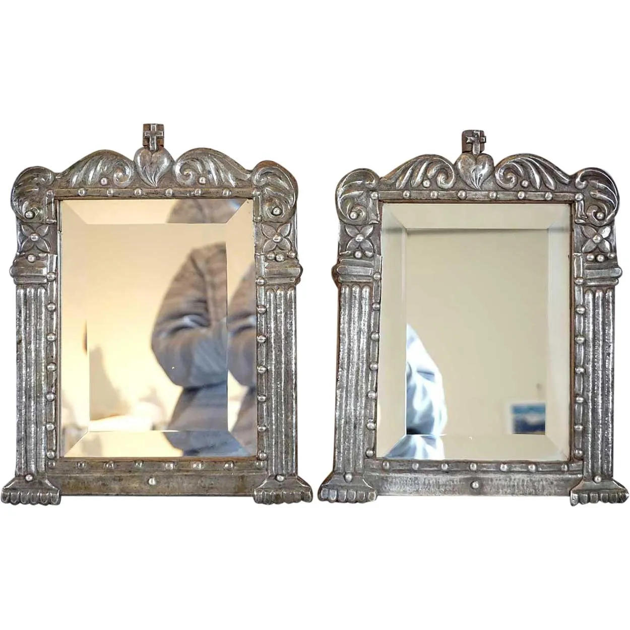 Rare Pair of Indo-Portuguese Silver Framed Beveled Mirrors