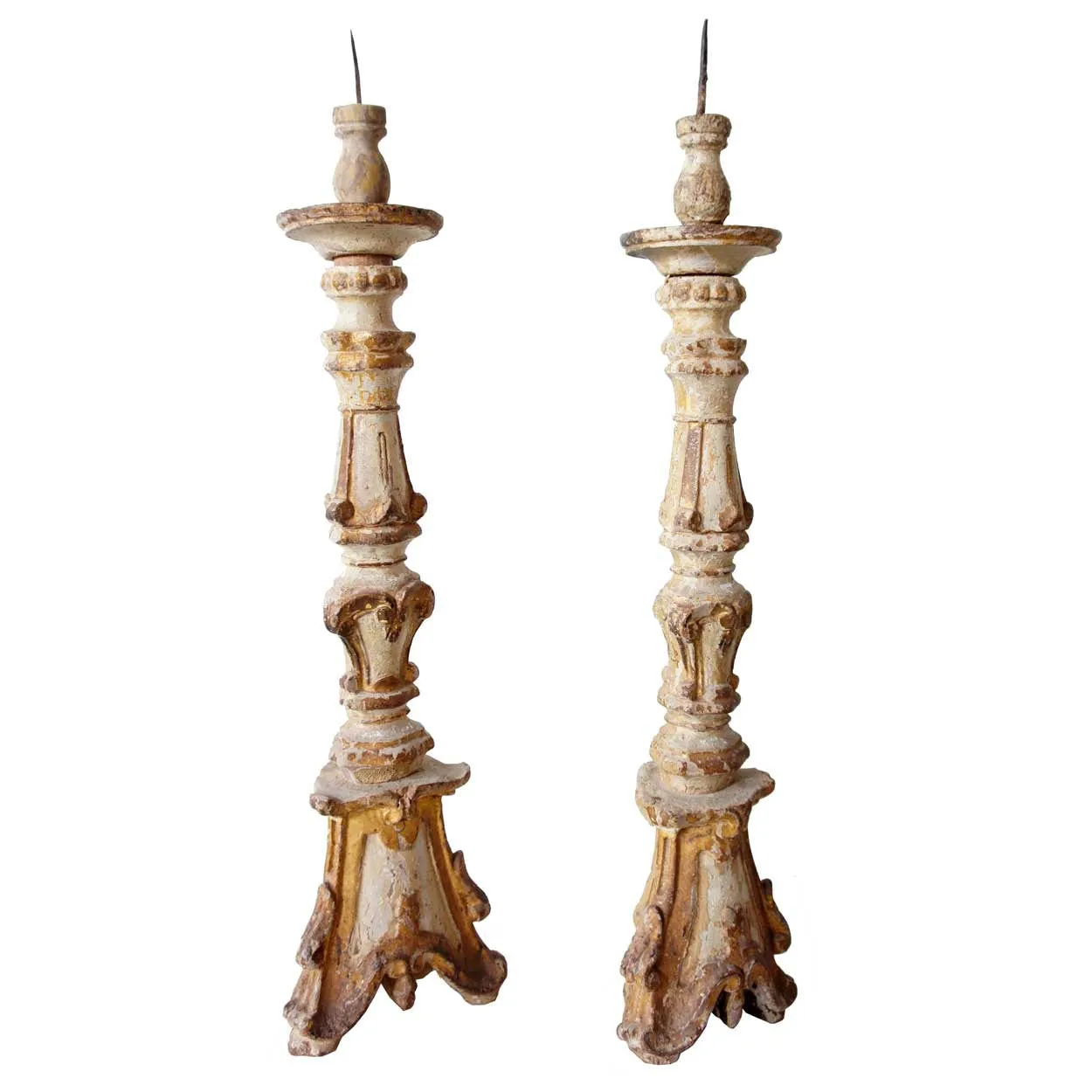 Rare Pair of Large Indo-Portuguese Baroque Painted and Gilt Teak Pricket Candlesticks