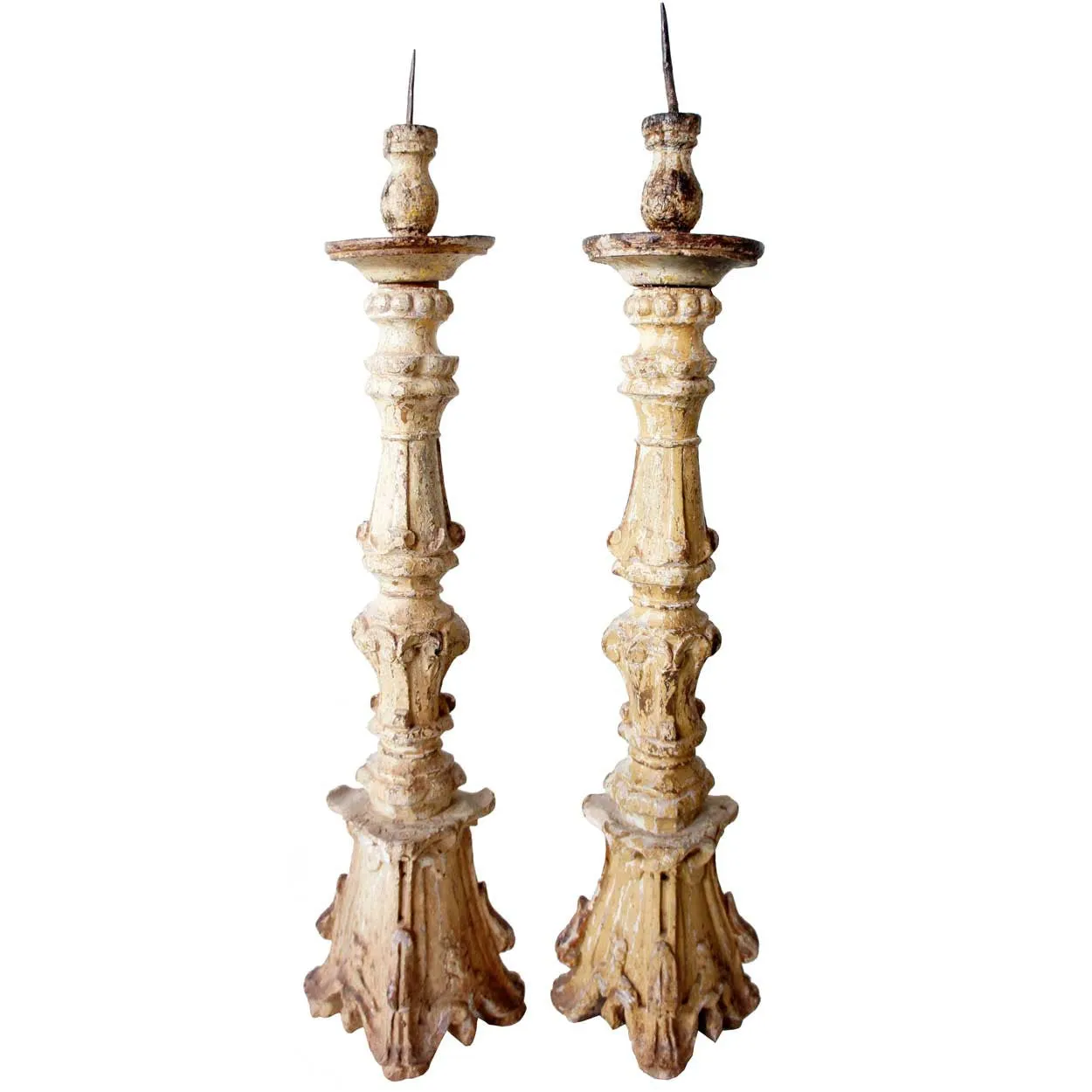 Rare Pair of Large Indo-Portuguese Baroque Painted and Gilt Teak Pricket Candlesticks