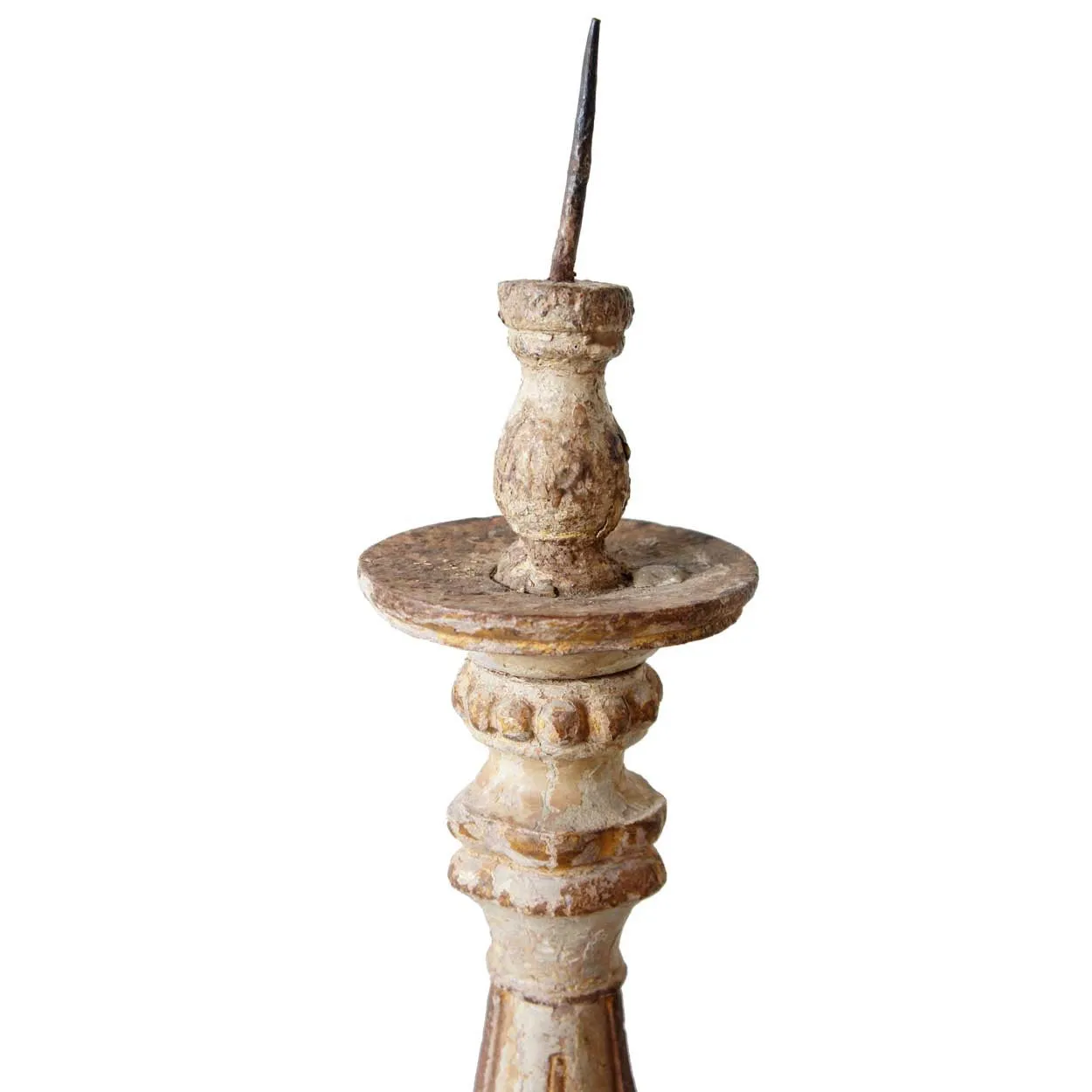 Rare Pair of Large Indo-Portuguese Baroque Painted and Gilt Teak Pricket Candlesticks
