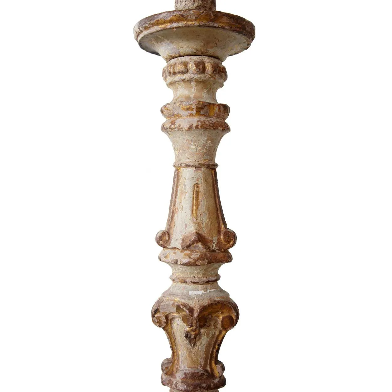 Rare Pair of Large Indo-Portuguese Baroque Painted and Gilt Teak Pricket Candlesticks