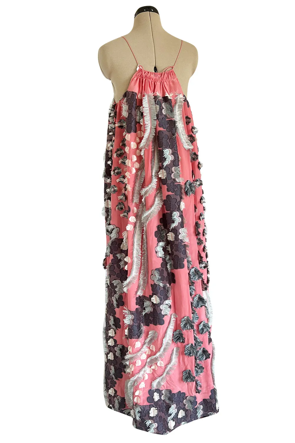 Recent Chloe Dusty Pink Easy to Wear Fringe Feather Applique Caftan Halter Dress