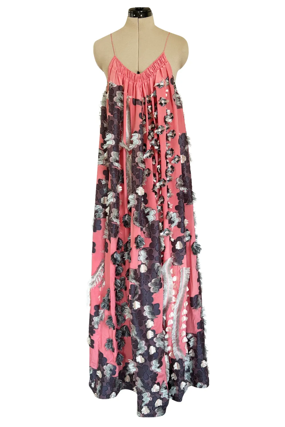 Recent Chloe Dusty Pink Easy to Wear Fringe Feather Applique Caftan Halter Dress