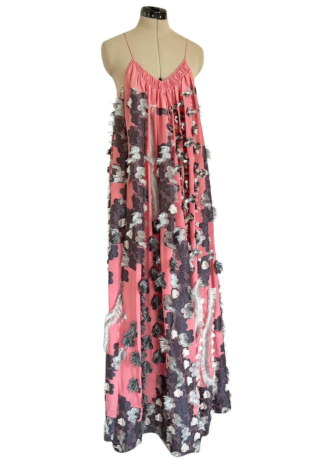 Recent Chloe Dusty Pink Easy to Wear Fringe Feather Applique Caftan Halter Dress