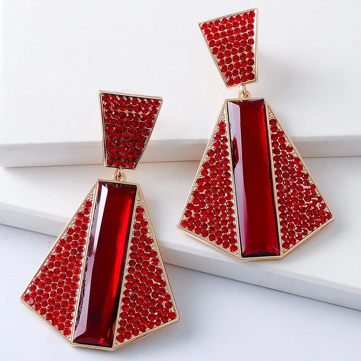 Red Crystal & Cubic Zirconia 18K Gold-Plated Geometric Drop Earrings