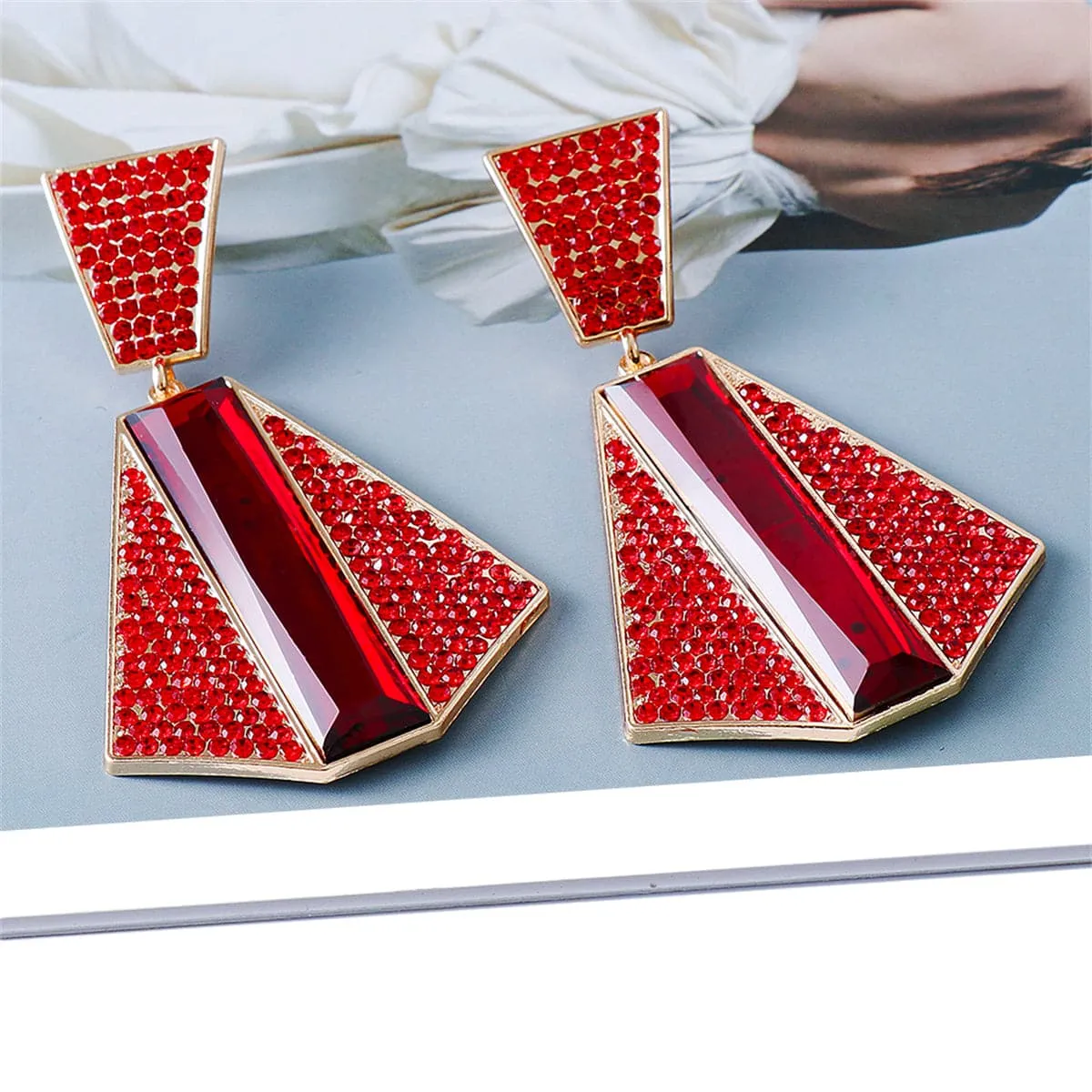 Red Crystal & Cubic Zirconia 18K Gold-Plated Geometric Drop Earrings