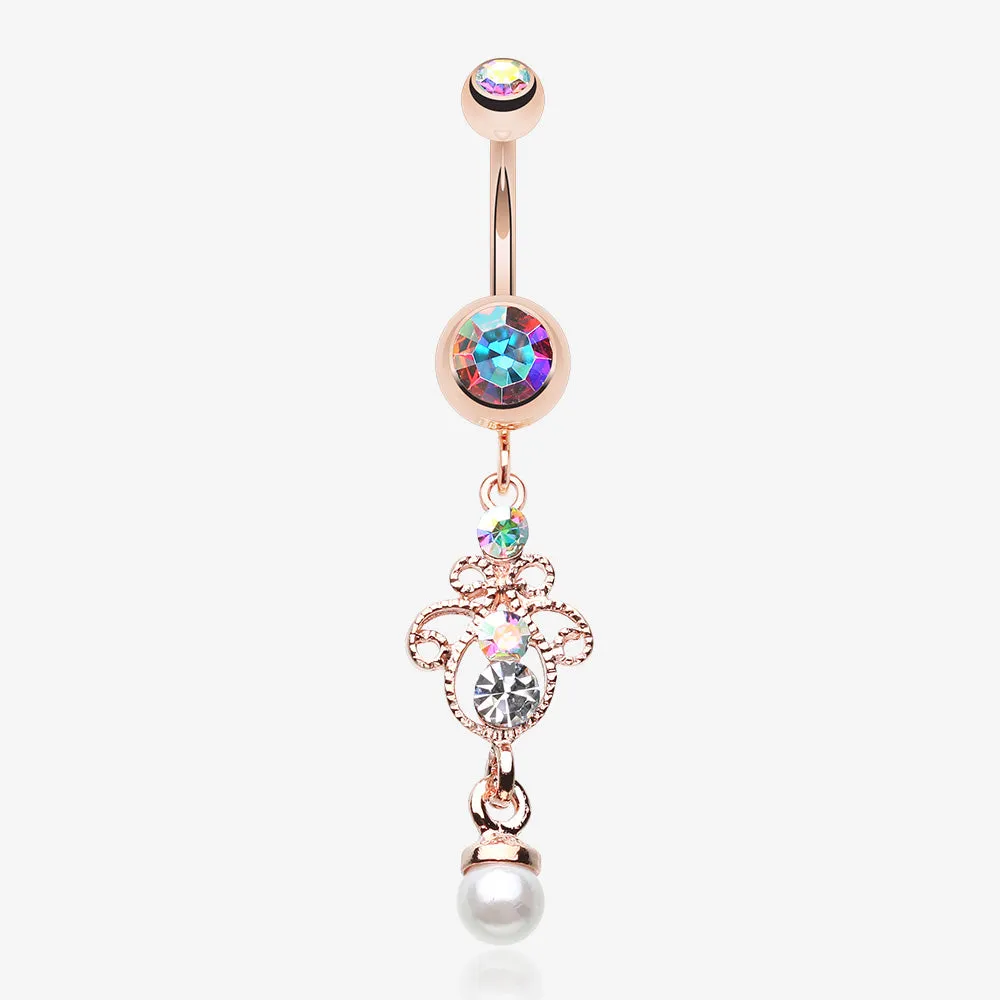 Rose Gold Elegant Jeweled Pearl Dangle Belly Button Ring