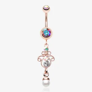 Rose Gold Elegant Jeweled Pearl Dangle Belly Button Ring