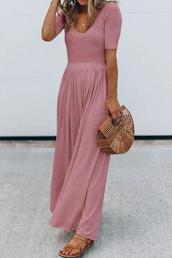 Round Neck Short Sleeve Long Jumpsuit