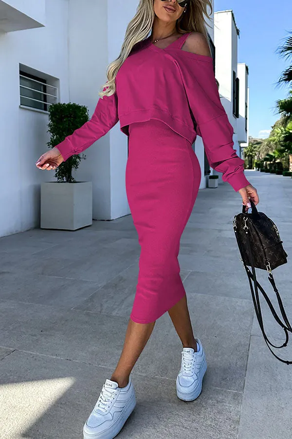 Sexy V-neck suspenders knitted dress sweater set