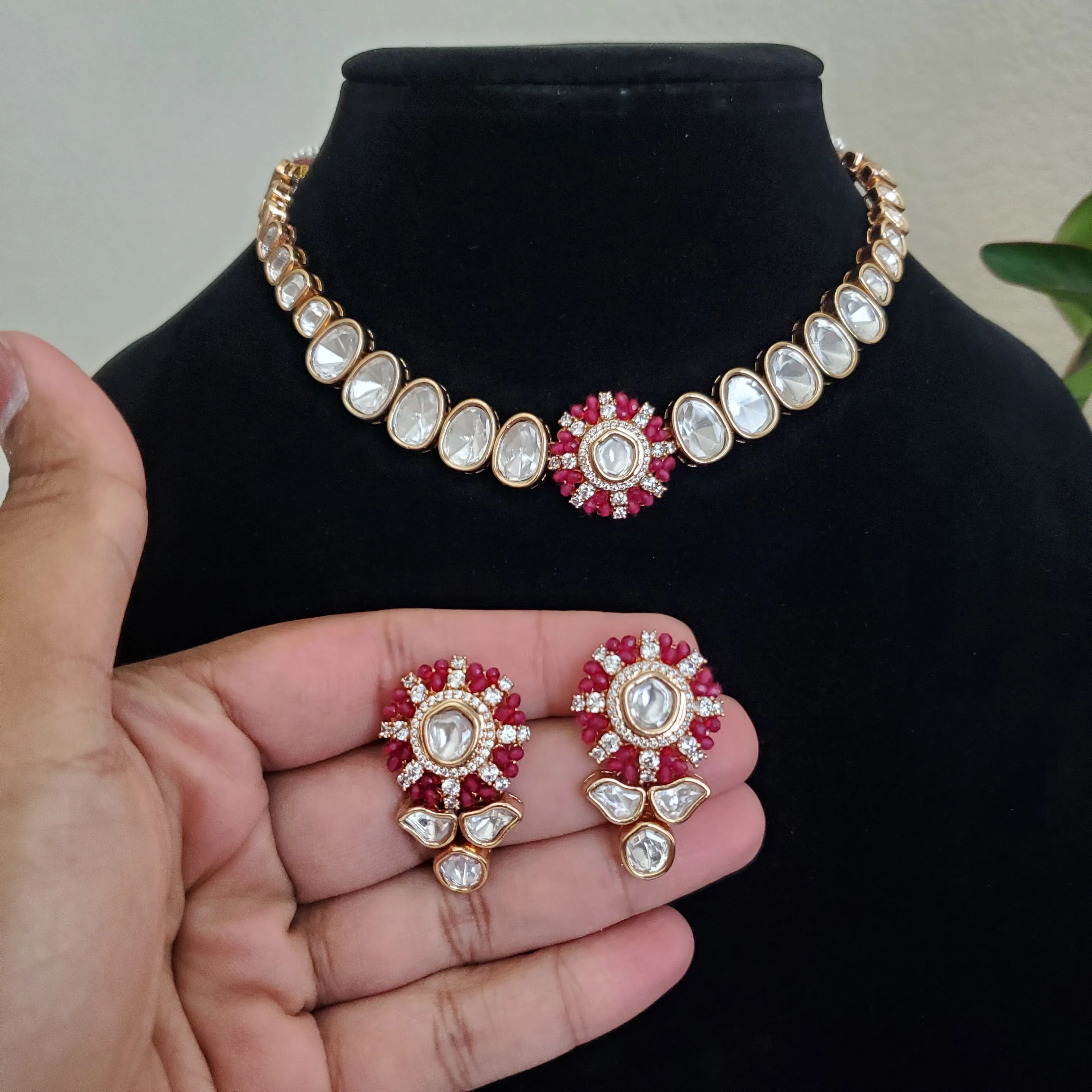 Silver Foil Kundan Necklace Set Ruby