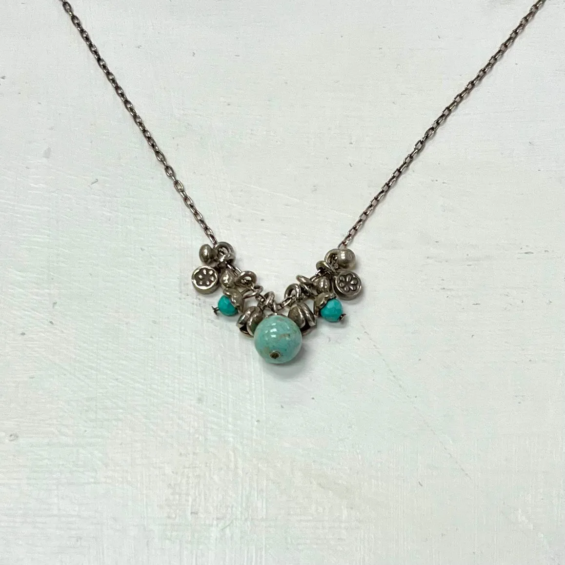 Silver Necklace with Ornate Silver and Stone Charms 30"