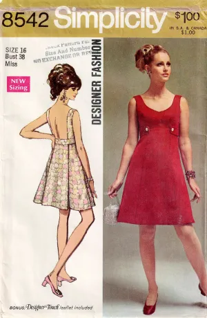 Simplicity 8542 DESIGNER Womens High Waisted Lined Evening Dress with Detachable Back Panel 1960s Vintage Sewing Pattern Size 16 Bust 38 inches UNCUT Factory Folded