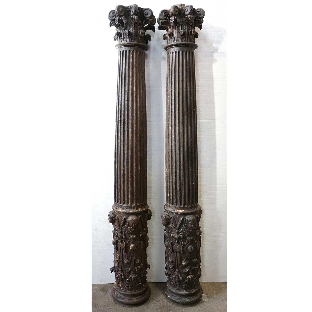 Small Pair of Early Indo-Portuguese Baroque Painted Teak Architectural Pilasters